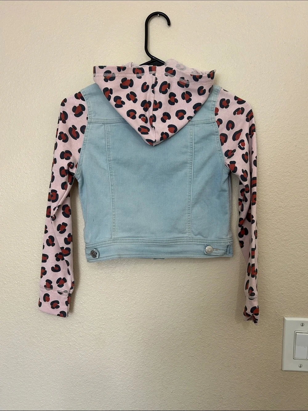 Cat & Jack Light Wash Denim Vest with Pink Leopard Hoodie Sleeves